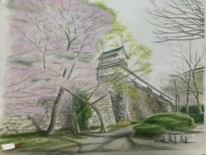 福岡城跡 桜の風景　水彩画